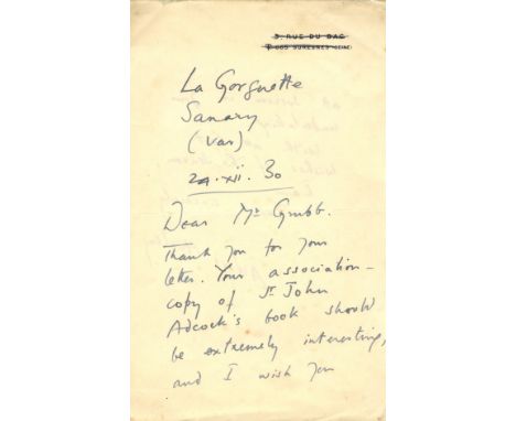 HUXLEY ALDOUS: (1894-1963) English Writer. A.L.S., Aldous Huxley, two pages, 8vo, Sanary-sur-Mer, 24th December 1930, to Mr. 