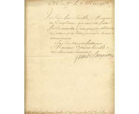 POMPADOUR MADAME DE: (1721-1764) Jeanne Antoinette Poisson. Chief Mistress of King Louis XV of France 1745-64. L.S., La M de 