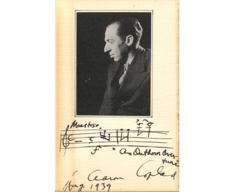 COPLAND AARON: (1900-1990) American Composer. Vintage A.M.Q.S., Aaron Copland, on a plain postcard with a magazine portrait o