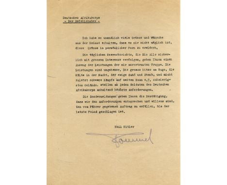 ROMMEL ERWIN: (1891-1944) German Field Marshal of World War II. Wartime D.S., Rommel, in bold pencil, one page, 4to, n.p., n.