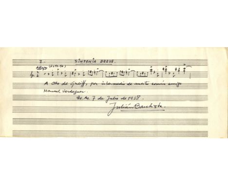 BAUTISTA JULIAN: (1901-1961) Spanish Composer. A.M.Q.S., Julian Bautista, one page (manuscript paper), slim oblong 4to, Bueno