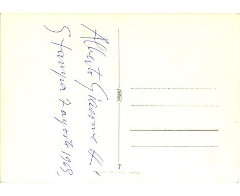 GIACOMETTI ALBERTO: (1901-1966) Swiss Sculptor. Bold blue ink signature ('Alberto Giacometti') and date, Stampa, 7th August 1