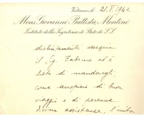 PAUL VI: (1897-1978) Pope of the Roman Catholic Church 1963-78. A.L.S., G B Montini, on two sides of a correspondence card, V