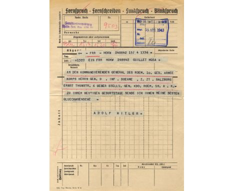 [HITLER ADOLF]: (1889-1945) Fuhrer of the Third Reich 1934-45. An original printed telegram (received copy) from Adolf Hitler