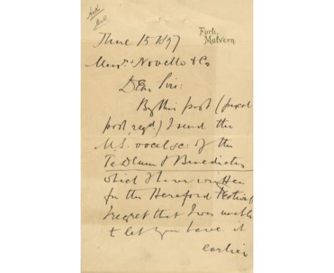ELGAR EDWARD: (1857-1934) English Composer. A.L.S., Edward Elgar, two pages, 8vo, Forli, Malvern, 15th June 1897, to Messrs. 