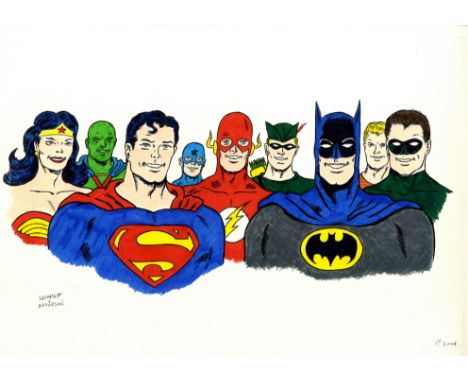 BATMAN VS. SUPERMAN: An excellent original colour 18 x 12 pen and ink drawing of the American super heroes Batman and Superma