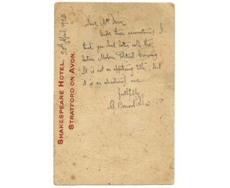 SHAW GEORGE BERNARD: (1856-1950) Irish Playwright, Nobel Prize winner for Literature, 1925. A.L.S., G. Bernard Shaw, on one s