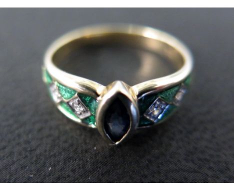 A 14ct yellow gold sapphire, green enamel and diamond ring size K - approx 3 grams - very clean and good order