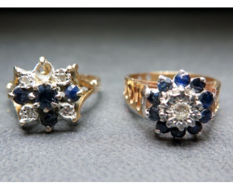 Two 9ct gold sapphire and diamond cluster rings - Hallmarked London and Birmingham - Ring size P and Q - Weight approx 7.6gms