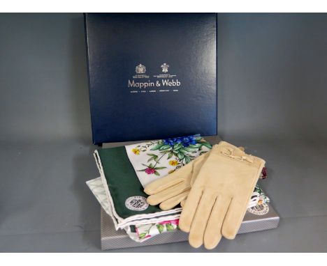 A Mantero collection silk scarf, collection no. 7 in Blu Reale Le Orchidee with a pair of ladies leather gloves in original b