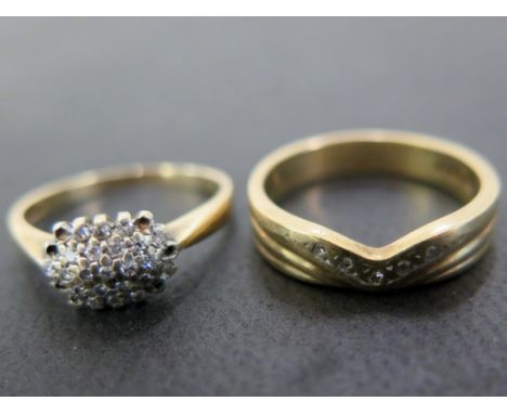 Two 9ct gold diamond rings - To include a cluster - Size K - Together with a grooved band ring - Size M - Hallmarked Birmingh