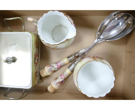Carlton Blush ware Sardine dish featuring metal fittings, with floral Heather decoration with matching salad fork &amp; spoon