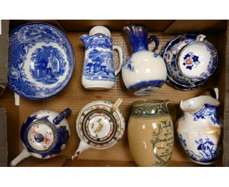 A Mixed Collection of 19th Century and Later Ceramics to include Flanders Stoke Pottery Flow Blue Teapot, Barker Green Jug, G