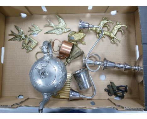 A Mixed Collection of Metalware to include Three Branch Candlestick, Spelter Teapot, Brass Ornaments, Miniature Copper Kettle