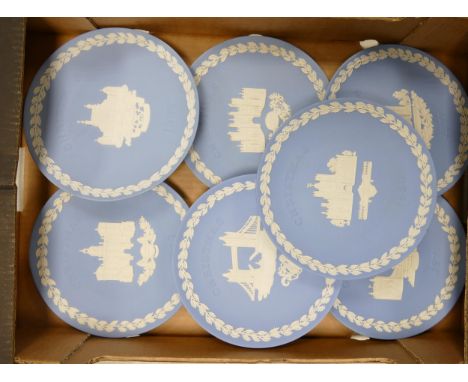 Seven Wedgwood Blue Jasperware Christmas Plates to include Tower Bridge, Piccadilly Circus, St James Palace etc. (7) 