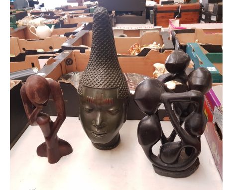 Three African Figures to include one Ceramic Benin Head together with two abstract African Figural Sculptures. Height: 40.5cm