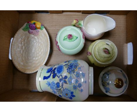 Royal Winton and Carltonware Australian Design Items including Two lidded Sugar Pots, Basket Pin Dish and Royal Winton Milk J