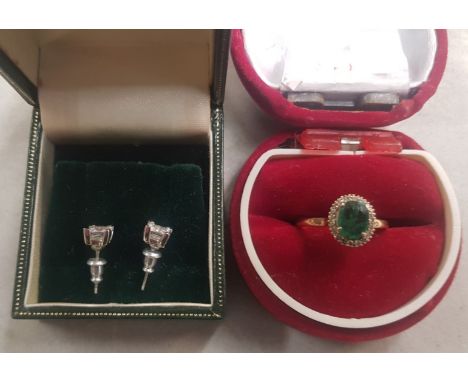 9ct Gold Ring with green semi precious green stone (unmarked, believe to be gold) together with a pair of 9ct pair of stud ea