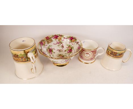 A small collection of ceramic items to include Buckingham Palace mug, Royal Albert Old Country Roses Ruby Celebration footed 