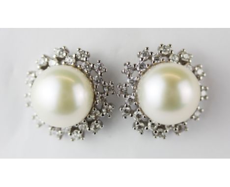 A pair of 925 silver pearl and cubic zirconia set stud earrings, Dia. 1.5cm.