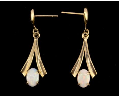 A pair of 9ct yellow gold opal set drop earrings, L. 2.6cm, (includes 9ct gold butterflies).