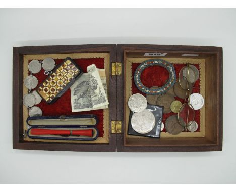 A Small Oval Micromosaic Frame, (damage / loss) assorted coins, a red cheroot holder in original fitted case, Italy 500 Lire 