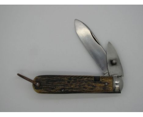 A James Barber of Sheffield Pocket Knife, with stag handle, single blade, tin opener and lanyard ring, 19cm  open.