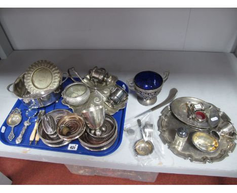 A Hallmarked Silver Tea Strainer, (damaged); a hallmarked silver napkin ring, initialled; a hallmarked silver thimble; a smal