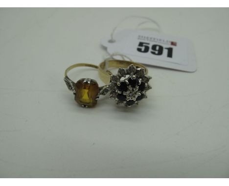 A 9ct Gold Cluster Ring, high claw set, between plain tapering shoulders (finger size O); Together with A Single Stone Dress 