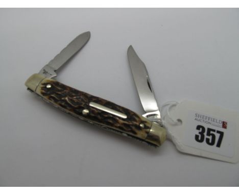 Stan Shaw; A Pocket Knife, with stag scales, comprising two blades (5.5cm and 4.5cm), nickel silver bolsters with brass linin