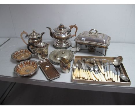 Harrods Plated Rectangular Lidded Entree Dish on Warming Stand, complete with burner, together with plated on copper tea / co