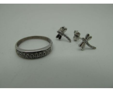 A Modern 9ct White Gold Inset Band Ring, (finger size P1/2) (2grams); Together with A Pair of Dragonfly Style Earstuds, with 