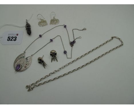 An Art Nouveau Style Necklace, the openwork panel oval collet set to the centre, with enamel highlights (lacking drop), stamp