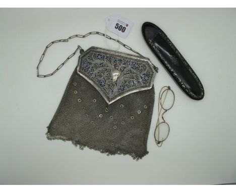 A XIX Century Black Lacquer Spectacle Case, (damages) containing pair of spectacles; together with a mesh link evening bag, h