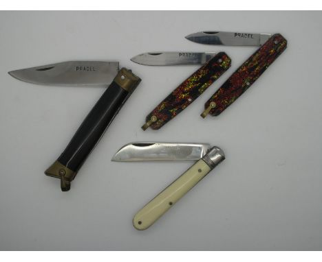 Four Pocket Knives by Pradel of France; one with faux ivory scales, nickel silver bolsters, 9cm closed, another with black ha