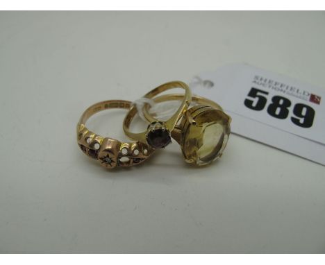 A Single Stone Ring, stamped "9ct" (finger size O); a 9ct gold ring (stones missing / finger size P); and another ring stampe