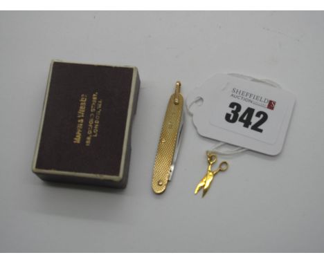 A Pocket Knife, 9ct gold, London 1950, with single blade and lanyard ring, 5cm closed and a pair of miniature 9ct gold hallma