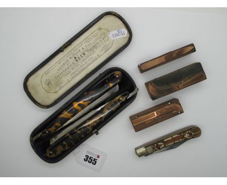 A Late XIX Century Campaign Set, with folding knife and fork, the scales one side inset with hardstones, the other wood, 10cm