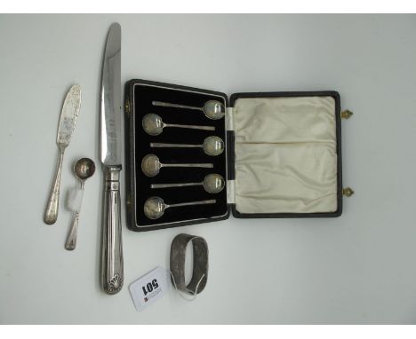 A Cased Set of Six Hallmarked Silver Coffee Spoons, Birmingham 1934; Together with A Hallmarked Silver Handled Knife, a hallm