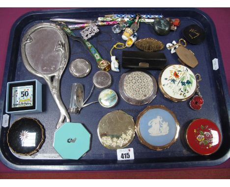 Stratton and Other Powder Compacts, including Wedgwood Jasperware, lipstick case, hand mirror, vintage tape measures, pens, e