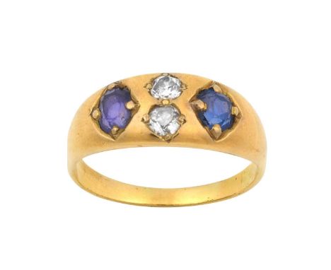 A Sapphire and Diamond Four Stone Ring, the oval cut sapphires spaced by two old cut diamonds, in yellow square settings, to 