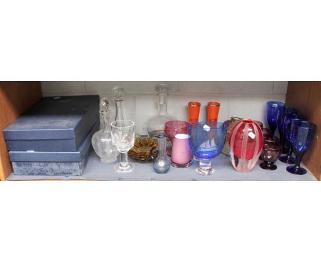 A Collection of Glassware, including two boxed sets of Bohemian brandy and wine glasses, ship's decanter, Orrefors blue glass