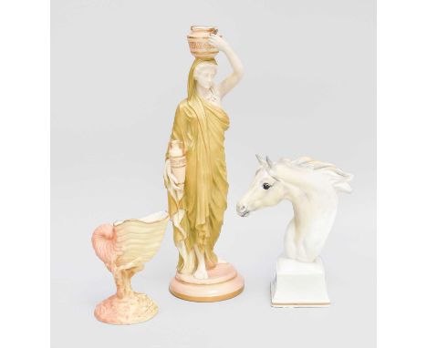 A Royal Worcester Blush Ivory Figure of a Water Carrier, 24.5cm high, a Worcester bust of a horse, Phaethon, a Worcester shel