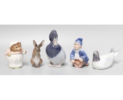 Four Royal Copenhagen Models, "bird seagull", "duck", "drummer boy" and "rabbit", and a Beswick "Tiggy Winkle" (5)