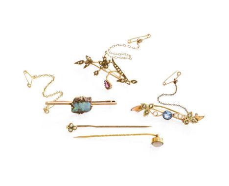 Three bar brooches, comprising a boulder opal example, stamped ‘9CT’; a 9 carat gold garnet and split pearl example; a blue g