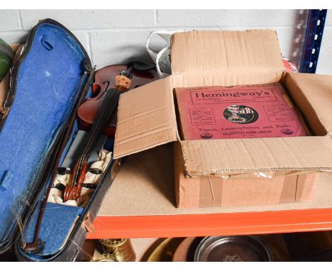 A Violin 'Antonius Stradivarius' Copy, two piece back, with bow, together with a quantity of sheet music and records (qty)