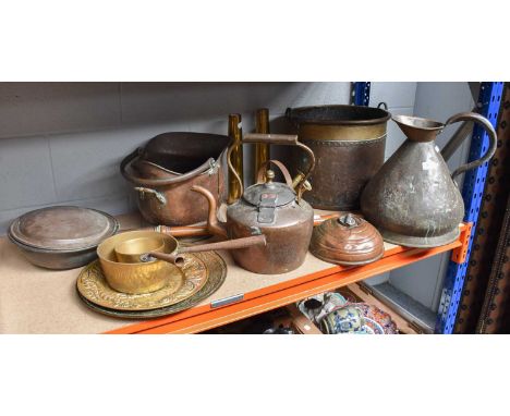 Brass and Copper Including, a twin handle planter engraved ''B&amp;H''... 1835'' a jug, coal scuttle, shell cases, etc
