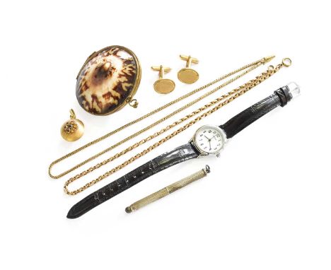 A Miscellaneous Quantity, comprising of an engine turned silver cocktail stirrer, length 6.5cm; a shell purse; a gem set pend