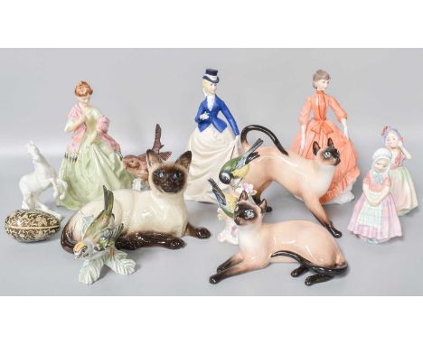 Three Royal Worcester Figures Including, First Dance, modelled by FG Doughty, Royal Doulton saimese cats, Royal Doulton Figur