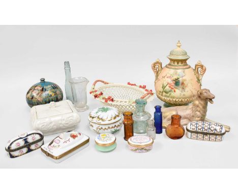 A Royal Worcester Blush Ivory Vase and Cover, Royal Dux ceramic dog, Belleek basket, Herend dish and cover, Halcyon days enam